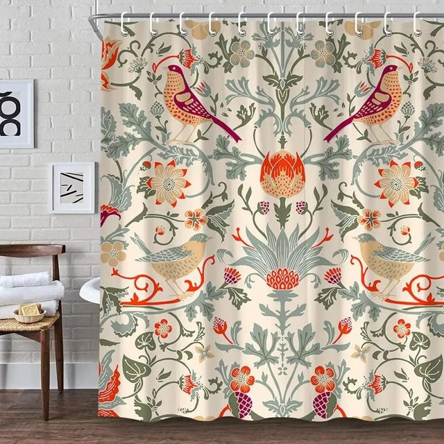 Baifenbai Home Furnishing Duschvorhang William Morris Design in Grün und Multicolour, dekorativer Stoff mit Art Nouveau Muster, B: 120 cm, H: 180 cm - Bild 1