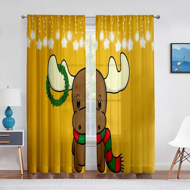 Transparentes Weihnachtsmann und Rentiere Tüll-Fenstervorhang mit Ösen für Wohnzimmer, Küche oder Kinderzimmer, Farbe: Gelb, Breite: 100 cm, Höhe: 250 cm - Bild 1