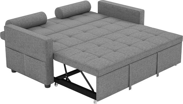 HOMCOM Schlafsofa 2-Sitzer 3-in-1 Schlafcouch mit Doppelbett und 2 Kissen, Leinenstoff, Grau - Bild 1