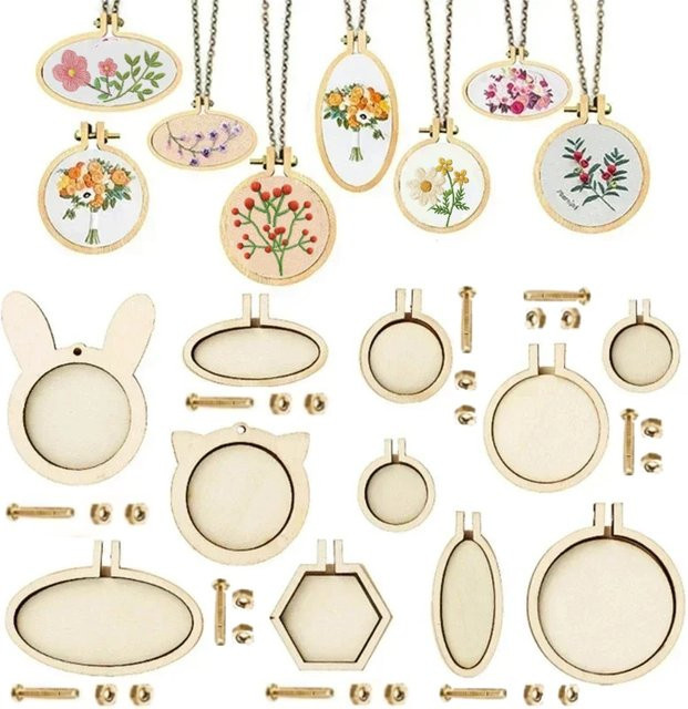IWOWN 10 Stück Mini Stickerei Holzringe als runde Anhänger für Schmuck und Schlüsselanhänger zum Basteln - Bild 1