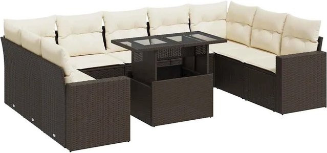 vidaXL 10-teilige Garten-Sofagarnitur aus Poly-Rattan in Braun mit cremeweißen Kissen - Bild 1