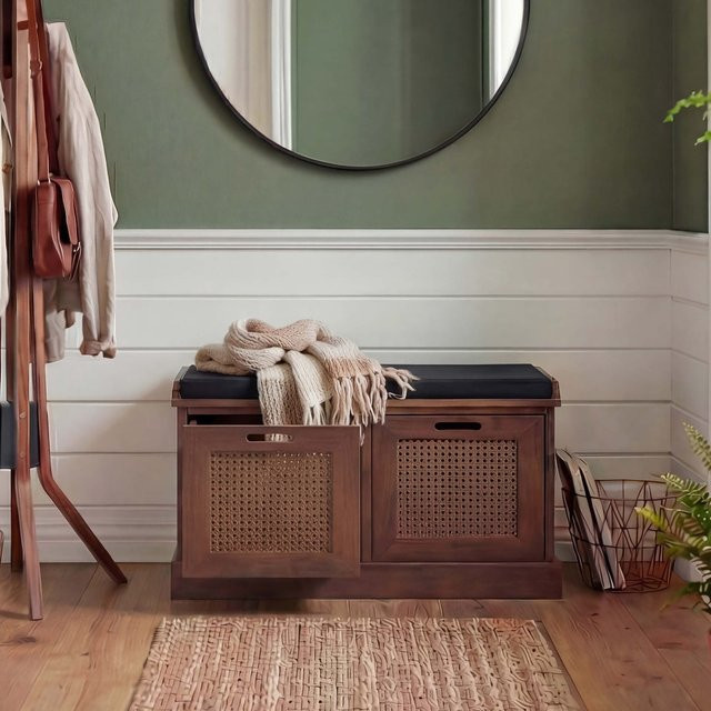 MCW Sitzbank J49 Garderobenbank mit zwei Staufächern, Farbe Braun und Polster Schwarz, B/T/H: 75 x 47 x 40 cm - Bild 1