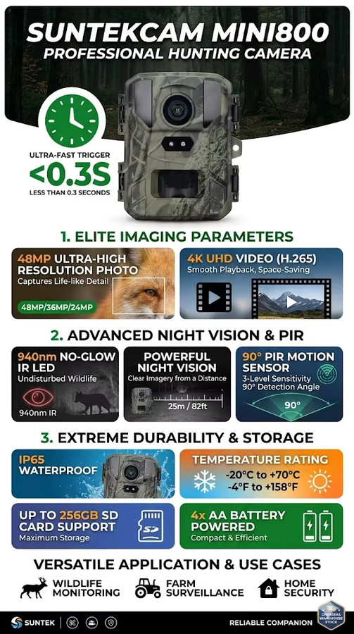 Suntekcam Mini800 Wildkamera mit 24MP und 4K1080P Auflösung inklusive Nachtsicht für Jagd und Tierbeobachtung - Bild 2