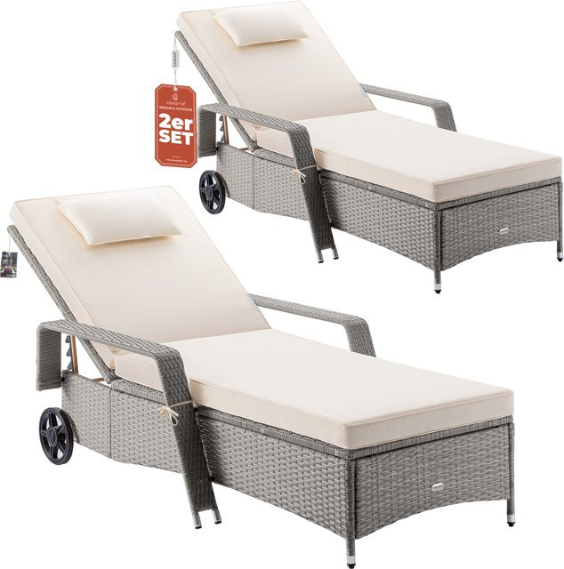 Casaria Polyrattan Gartenliege 2er-Set Beige mit wetterfesten Kissen und Rollen B/T/H: 193 x 90 x 43 cm - Bild 1
