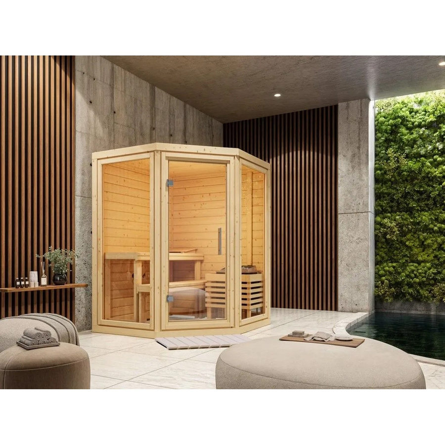 Karibu Massivsauna Yalda aus Fichte in Braun ohne Ofen, B/T/H: 201,0 x 148,5 x 148,5 cm - Bild 2