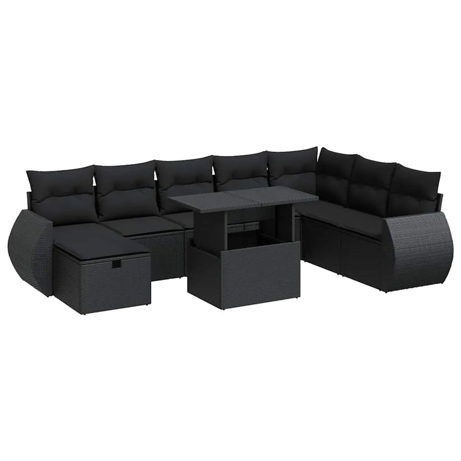 vidaXL 9-tlg. Garten-Sofagarnitur in L-Form aus schwarzem Poly-Rattan mit Kissen und pulverbeschichtetem Stahlgestell - Bild 2