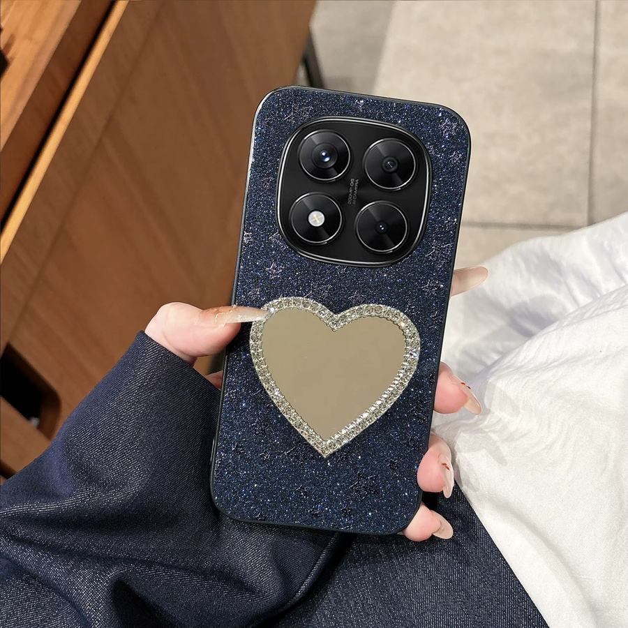Luxuriöse Leder-Handyhülle mit funkelnden Sternen und Herzspiegel für Xiaomi Redmi Note 14 15 4G 5G Pro Plus in Schwarz - Bild 3