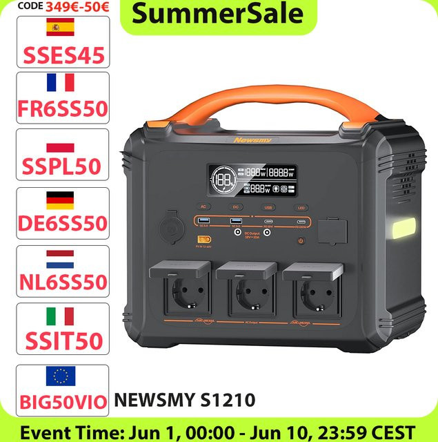 NEWSMY S1210 Tragbare Powerstation mit 2000W Leistung, 3000W Spitzenleistung, 1102,5Wh LiMnFePO4-Akku, 1300W AC Schnellladung und MPPT Solargenerator - Bild 1