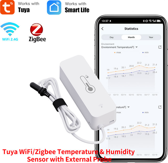 Tuya Zigbee WiFi Temperatur-Feuchtigkeitssensor mit externer Sonde für dein Smart Home in Weiß - Bild 1