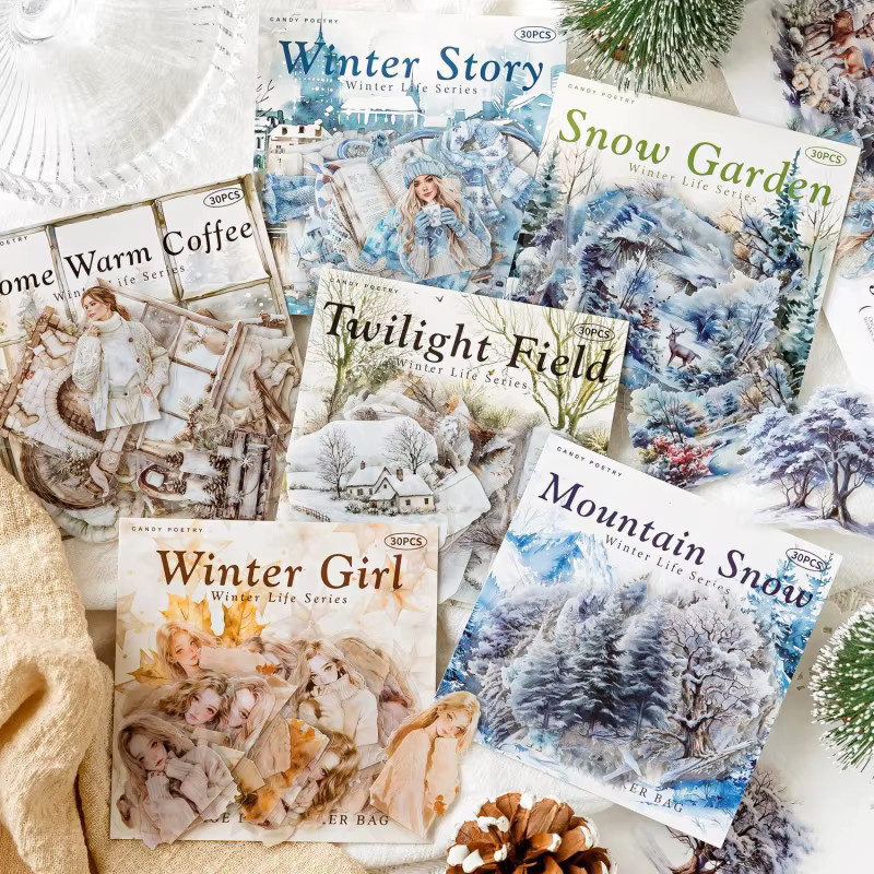 30-teiliges Snowy Winter Life Sticker Set mit Retro-Schneeszene und niedlichen Elementen in Multicolour für Planer und Bastelarbeiten - Bild 2