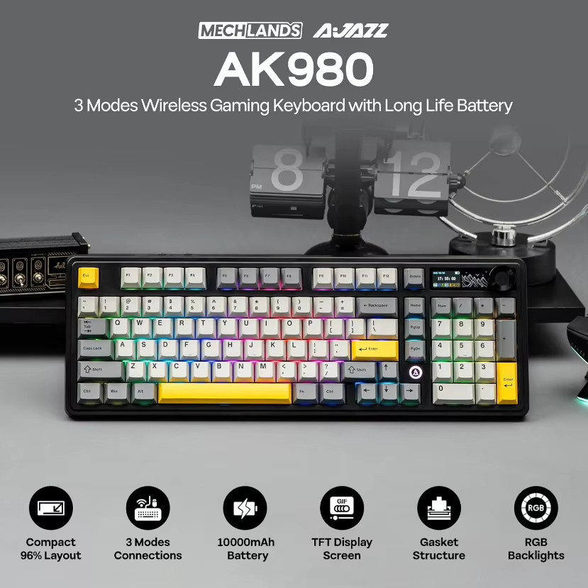 Ajazz AK980 V2/PRO Mechanische Gaming-Tastatur in Schwarz mit 10000mAh Akku, kabellose Verbindung in drei Modi, kompaktes 96%-Layout und seitlicher LED-Beleuchtung - Bild 2
