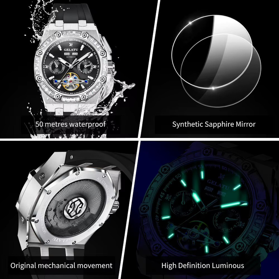 GELATU Armbanduhr, Automatik, Diamantbesetzt, Mondphase, Silikon, Herren - Bild 6