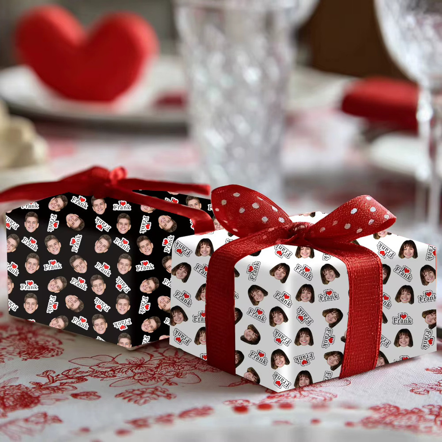 Joy-enlife Individuelles Geschenkpapier mit Gesicht und Namen für Valentinstag und Hochzeiten, Schwarz-Weiß mit rotem Herz, 3 oder 6 Stück - Bild 3