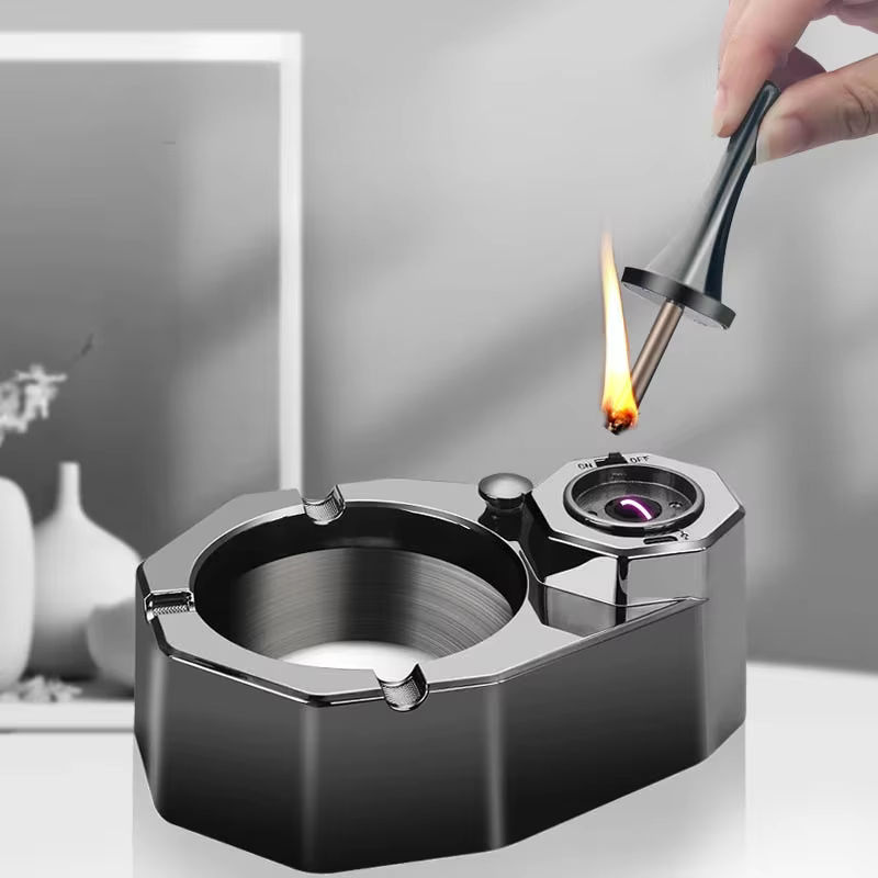 HONEST Öl-Elektro-Hybrid-Feuerzeug mit integriertem Aschenbecher aus Edelstahl, Schwarz, Schreibtischdekoration - Bild 2