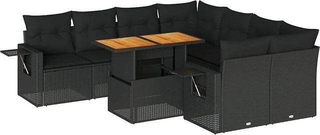 vidaXL 9-tlg. Garten-Sofagarnitur in L-Form aus Poly-Rattan und Akazienholz mit Kissen in Schwarz - Bild 1