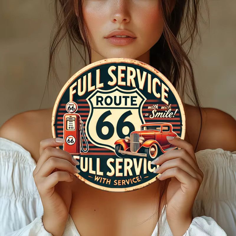 Potdemiel Retro Route 66 Full Service Aluminium-Wandkunstschild mit Auto- und Streifenmustern - Bild 4