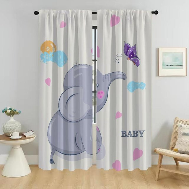 2er-Set Elefant Cartoon Raumvorhänge mit Grafikdesign, halbtransparente Trennwand für Wohnzimmer, Mehrfarbig, Breite: 50 cm, Höhe: 70 cm - Bild 1