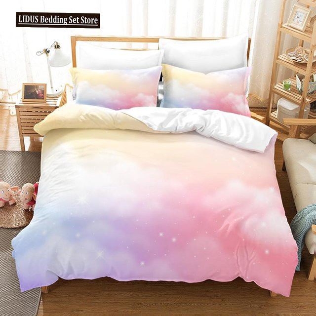 Bettwäsche Set Wolkenhimmel mit Regenbogen Muster in Rosa und Blau für Kinder, Material Mikrofaser Polyester, B/H: 200 x 200 cm - Bild 1