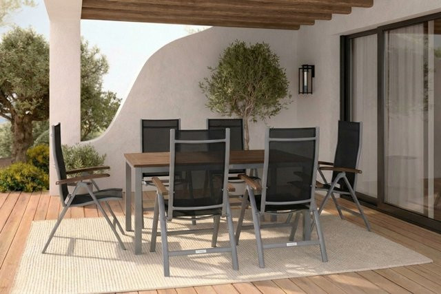 Villana Garten-Essgruppe aus Aluminium und Akazie in Silber/Schwarz mit Gartentisch und 6 Klappstühlen, Tisch Maße B: 150 cm, T: 90 cm, H: 74 cm - Bild 1