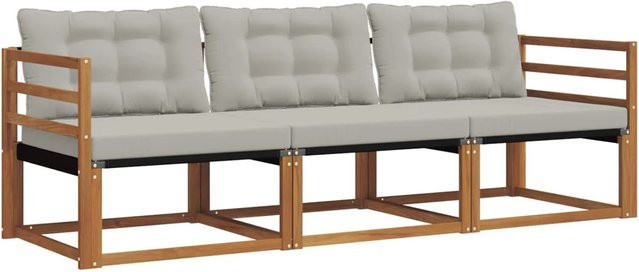 vidaXL Outdoor-Sofagarnitur 3-teilig aus Akazienholz mit Textilene-Bezug und Kissen in Natur und Hellgrau - Bild 1