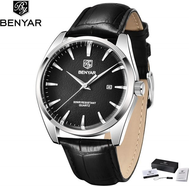 Benyar Armbanduhr, Quarz, Leder, Edelstahl, Schwarz, Herren - Bild 1
