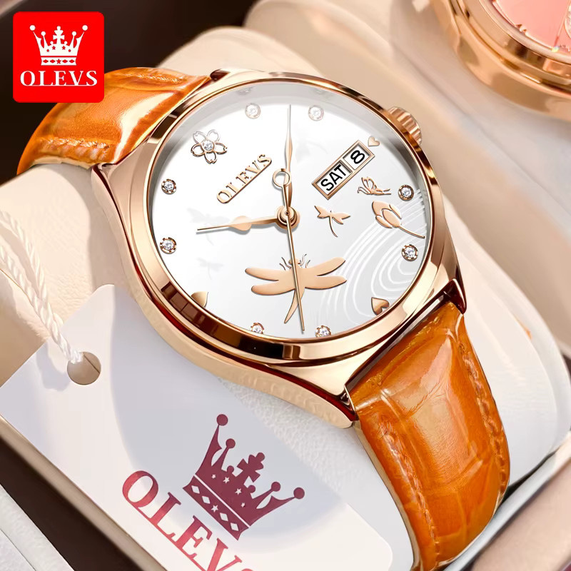 OLEVS Armbanduhr Automatik, Leder, Roségold, Weiß, Damen - Bild 2