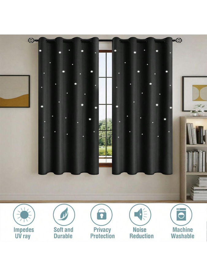 Yiran Furniture Verdunkelungsvorhang mit Sternen-Design in Dunkelgrau, lichtblockierend, B: 100 cm, H: 200 cm - Bild 2