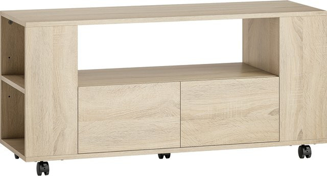 HOMCOM TV-Möbel mit Rollen und Feststellbremse, TV-Schrank mit verstellbaren Regalen und Schubladen für dein Wohnzimmer, Naturholz, B/T/H: 102 x 34,5 x 48,5 cm - Bild 1
