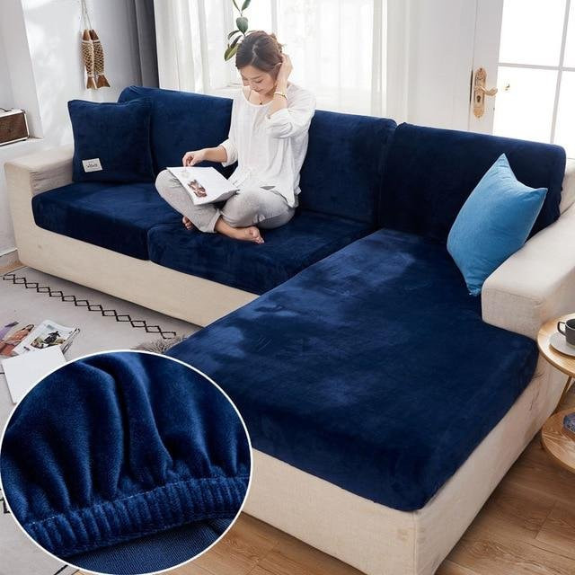 FebEr Samt-Sofa-Sitzbezug aus Jacquard in Blau, elastischer Stretch-Schonbezug für dein Sofa - Bild 1