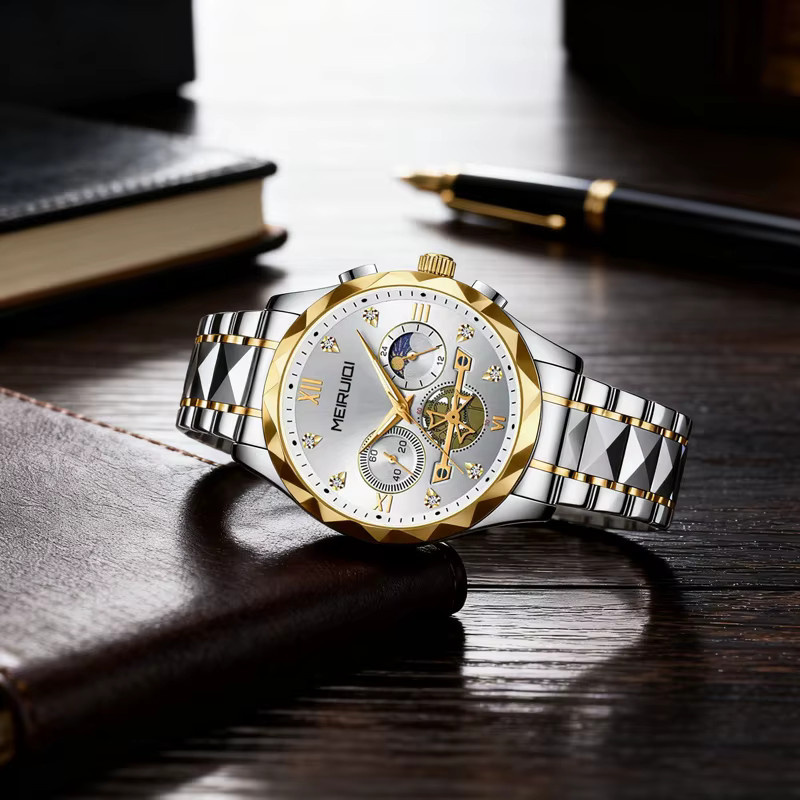 MEIRUIQI Armbanduhr, Bicolor, Gold, Weiß, Quarz, Herren - Bild 4