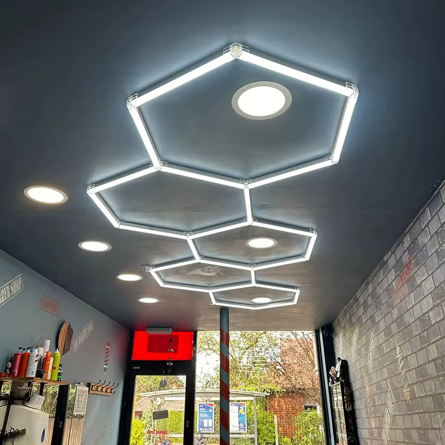 PIBAOGU Sechseckige LED-Deckenleuchte in Wabenform, superhelle Garagenleuchte für Autodetailing und Friseursalon, Kaltweiß 6500K, Weiß - Bild 5