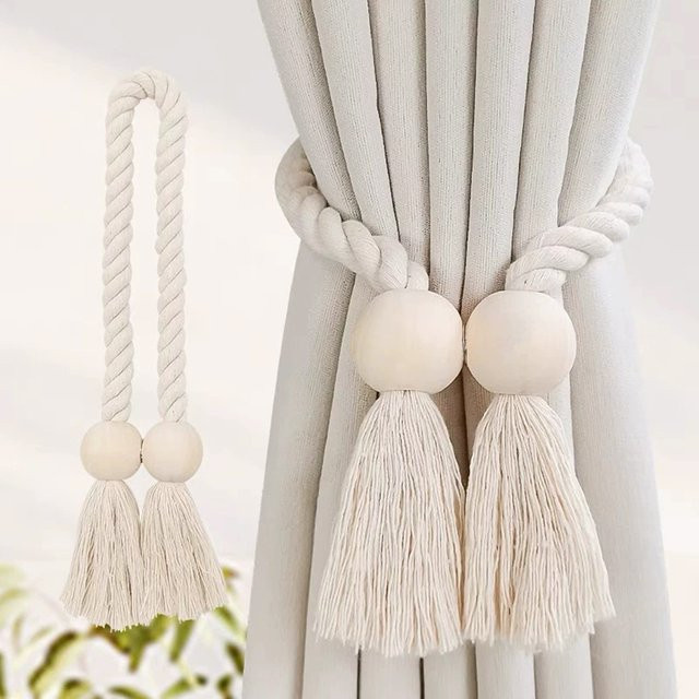 Handgewebte magnetische Vorhanghalter aus Massivholz im Boho-Stil in Beige - Bild 1