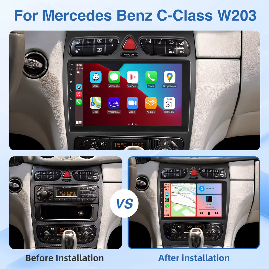 MOPECT 9 Zoll Autoradio mit CarPlay und Android Auto für Mercedes Benz C-Klasse W203 C200 C320 C350 und CLK W209, Intelligentes Multimedia-System mit 64GB Speicher, GPS und 4G, Schwarz - Bild 2