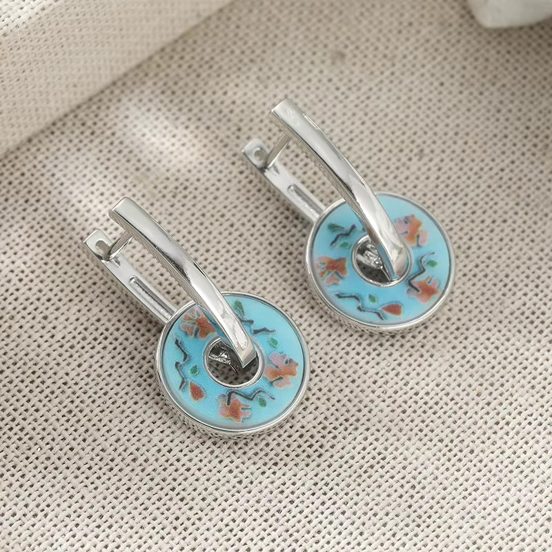YoYo Ohrringe, Vintage, Emaille-Imitation, Blumenmuster, Silber, Damen - Bild 2