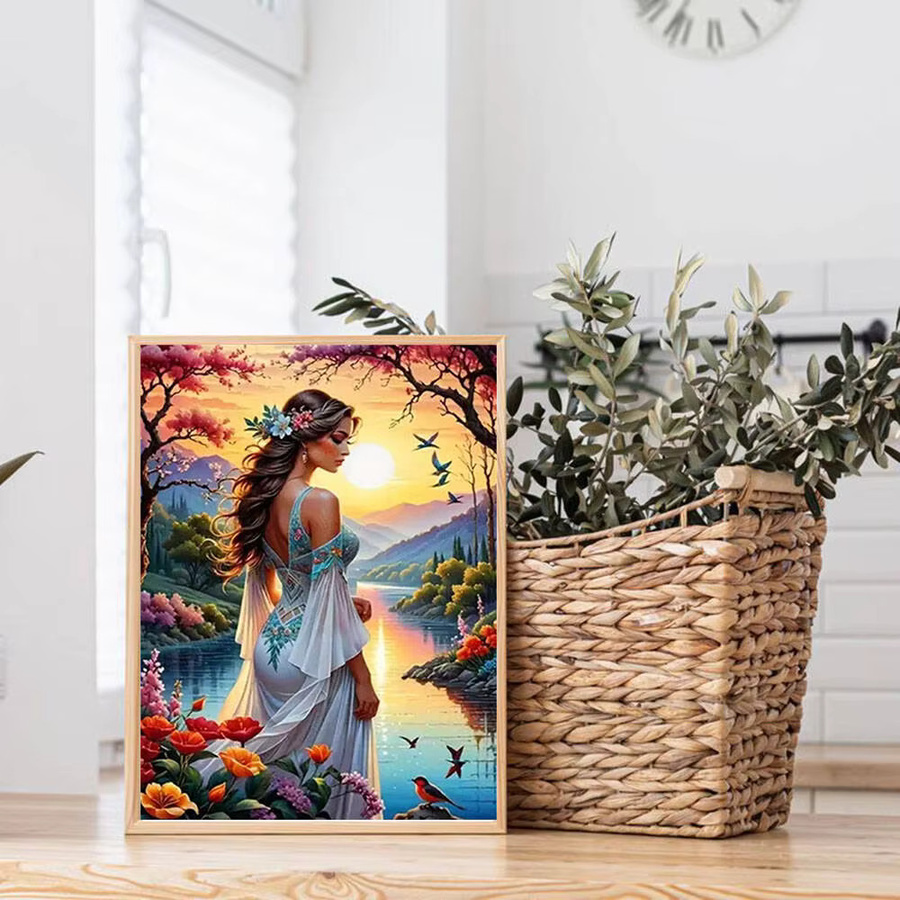 Huacan Diamantgemälde Beauty Girl Setting Sun 2025 mit Blumen und Wildgans als Diamantmosaik-Set in Multicolour - Bild 3