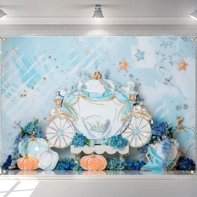 LS Cinderella Schloss Fotografie-Hintergrund für Kindergeburtstage und Babypartys mit Cartoon-Motiv und Kürbisauto - Bild 1