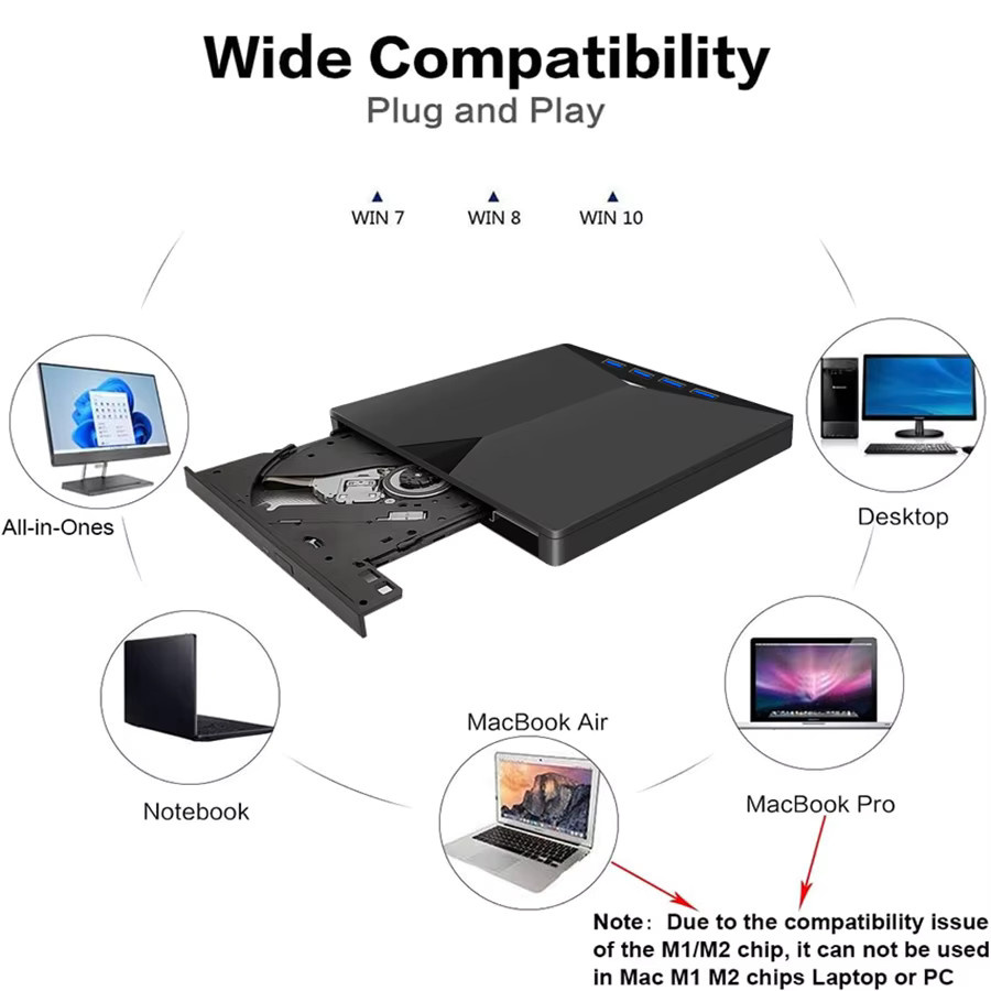 Ammtoo 7-in-1 USB 3.0 Externes CD-DVD-RW Laufwerk, Tragbarer DVD-Brenner in Schwarz, Kompatibel mit Windows 7/8/10 für Laptop und Desktop - Bild 4