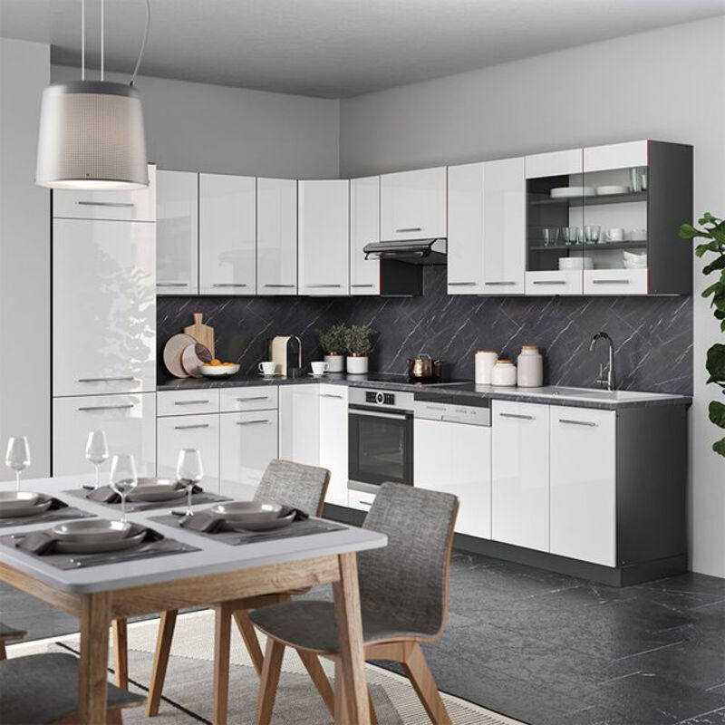 Vicco Fame-Line Eckküche in Weiß Hochglanz und Anthrazit, Einbau-Küchenzeile mit Soft-Close-Türen, B: 227 cm, T: 60 cm - Bild 2