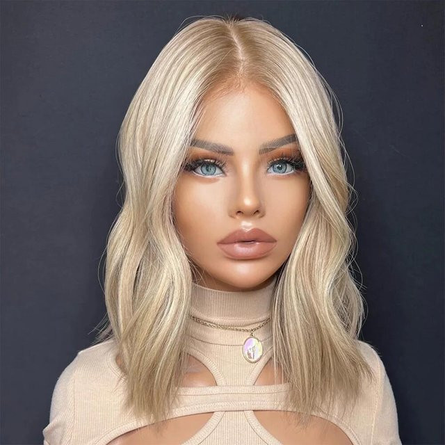 MGHNEED Echthaar Perücke Ombre Blond, Ascheblond, Braune Wurzel, Welle - Bild 1