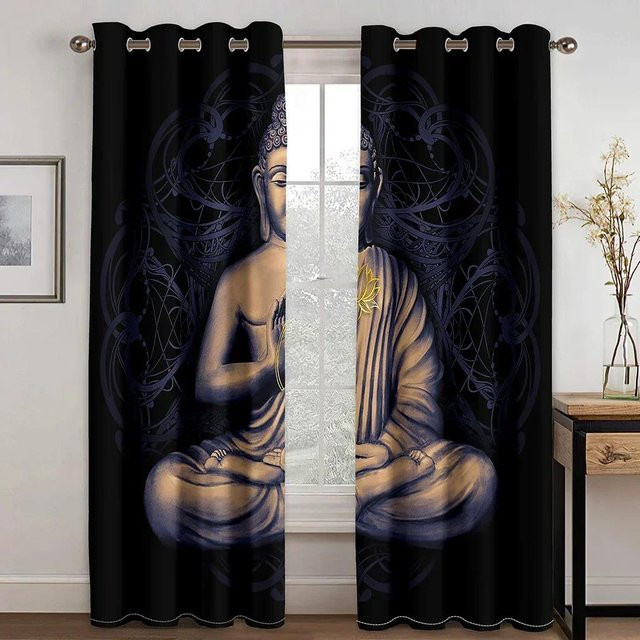 Zweierpack Semi-transparente Vorhänge mit Buddha- und Lotus-Motiv in Multicolour, Breite: 60 cm, Höhe: 60 cm pro Stück - Bild 1