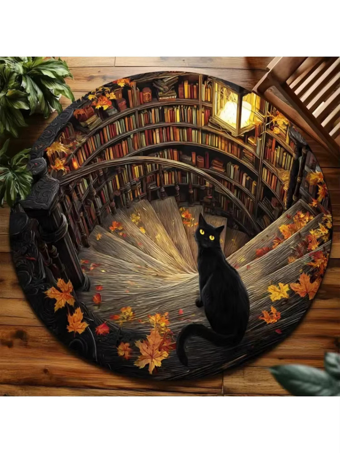 VIKAMA 3D-Illusions-Teppich Schwarze Katze, runder Plüsch-Teppich in Schwarz und Multicolour für Katzen- und Buchliebhaber - Bild 2