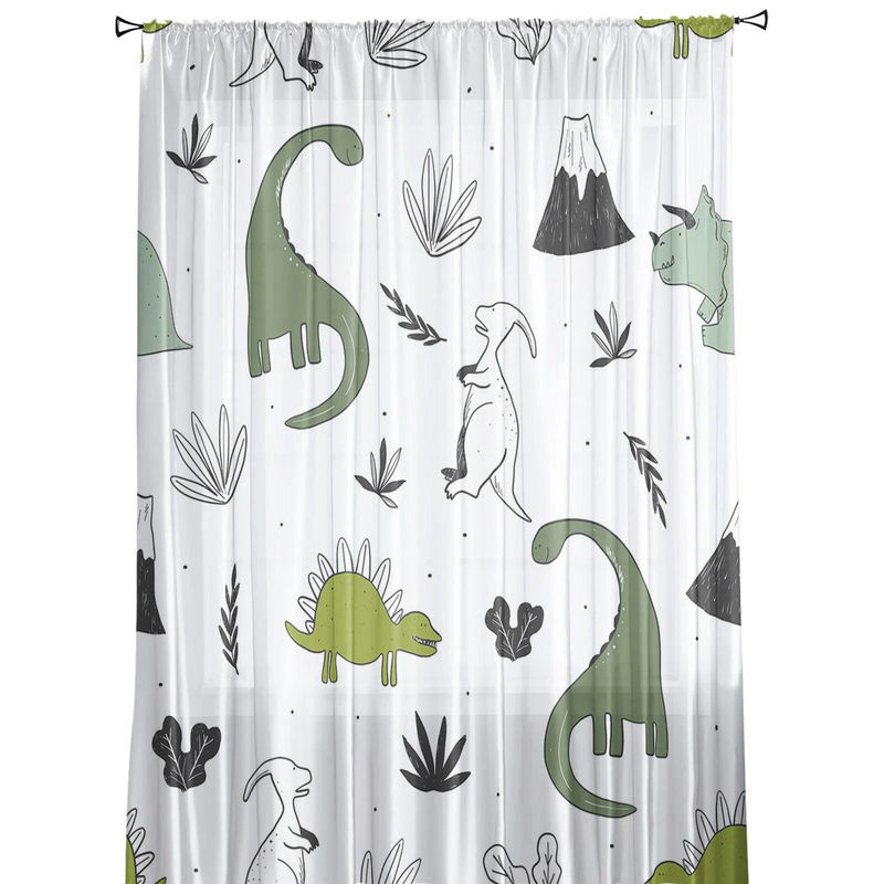 A Family Of Home Textiles Transparenter Voile-Hängevorhang mit Dinosaurier- und Pflanzen-Motiv in Tiergrün, Breite: 135 cm, Höhe: 244 cm - Bild 5