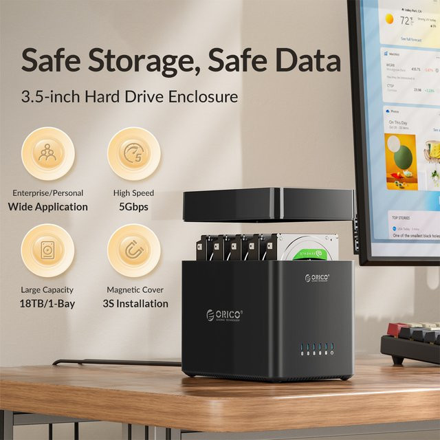 ORICO USB 3.0 und USB-C Festplattengehäuse mit 5 Einschüben für 3,5 Zoll SATA HDD, Tool-Free Magnetic-Type Dockingstation, Schwarz - Bild 1
