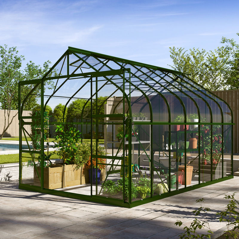 Vitavia Gewächshaus Dione 11500 in Smaragdgrün mit Stahlfundamentrahmen, Dachfenster, Regenrinne und Doppelschiebetür, 11,5 m² - Bild 2
