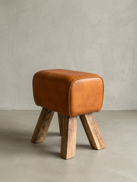 KADIMA DESIGN Sitzhocker aus Echtleder in Braun im Turnbock-Design mit Holzgestell, B/T/H: 40 x 30 x 47 cm - Bild 1