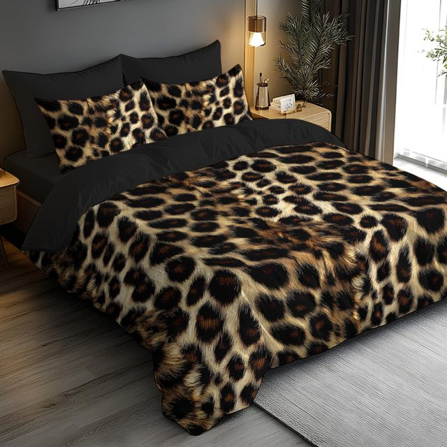 Modisches Bettwäsche-Set mit Leopardenmuster und 3D-Druck in Braun, bestehend aus Bettbezug und Kissenbezug aus Mikrofaser, B/H: 260 x 220 cm - Bild 1