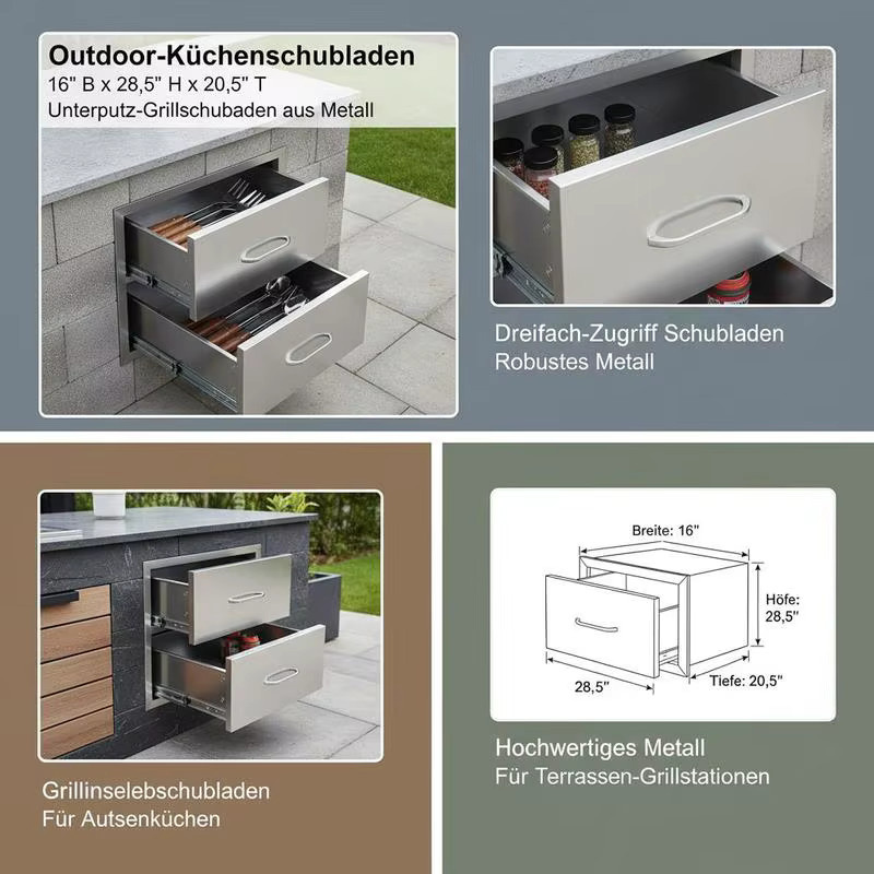 Edelstahl Outdoor-Küchenschubladen in Silber, Grillinselschubladen mit Griff für die Außenküche, B: 40,64 cm, H: 72,39 cm, T: 52,07 cm - Bild 4