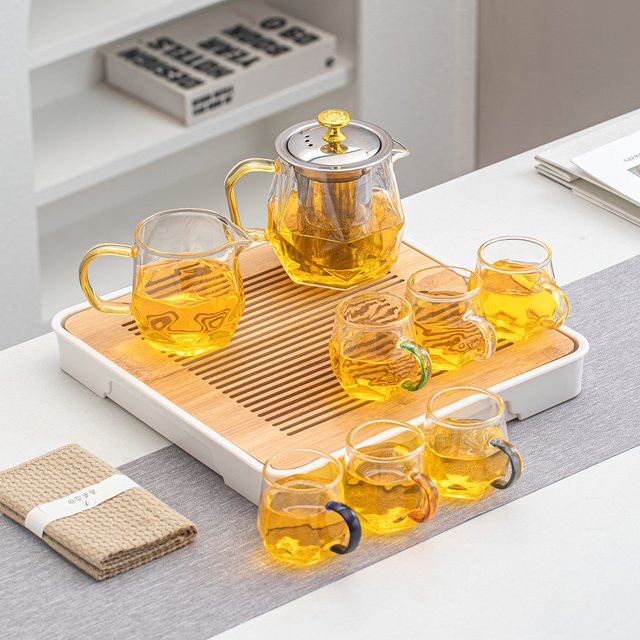 WENZHE Kung-Fu Tee-Set aus Glas mit Diamantmuster, Teekanne mit Edelstahl-Filter und 6 Tassen inklusive Teetablett, transparent - Bild 1