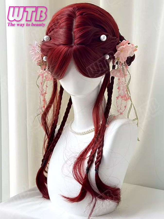 WTB Perücke, Himbeerrot, lange lockige Synthetik-Perücke mit Pony, Damen - Bild 7