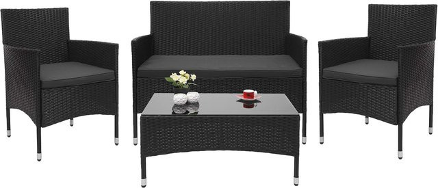 MCW Poly-Rattan Garten-Garnitur F55 in Schwarz mit dunkelgrauen Sitzpolstern - Bild 1